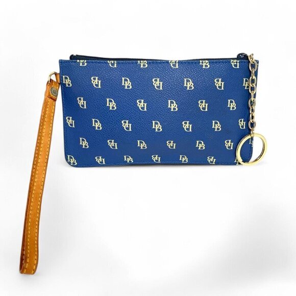 Dooney & Bourke Signature Pebbled Leather Wristlet Zip Pouch Blue With Tan Trim - Picture 1 of 7